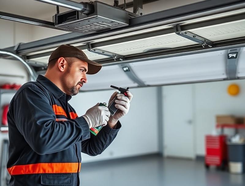 Technician performing garage door maintenance and lubrication