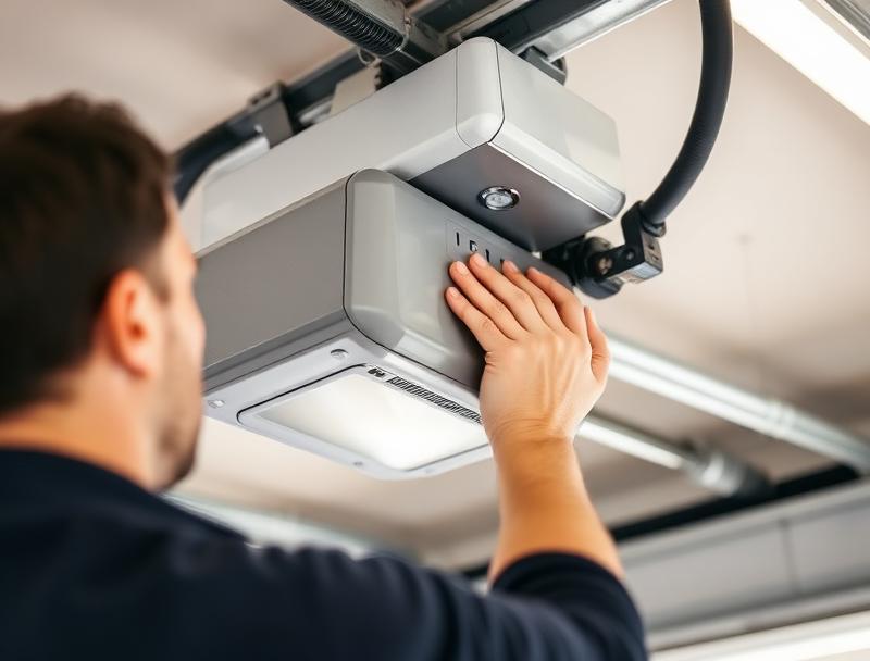 Technician repairing garage door opener mechanism